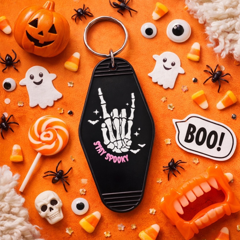 3/$9 Stay Spooky Motel Keychain | Black or Green | Skeleton Hand Rock Sign